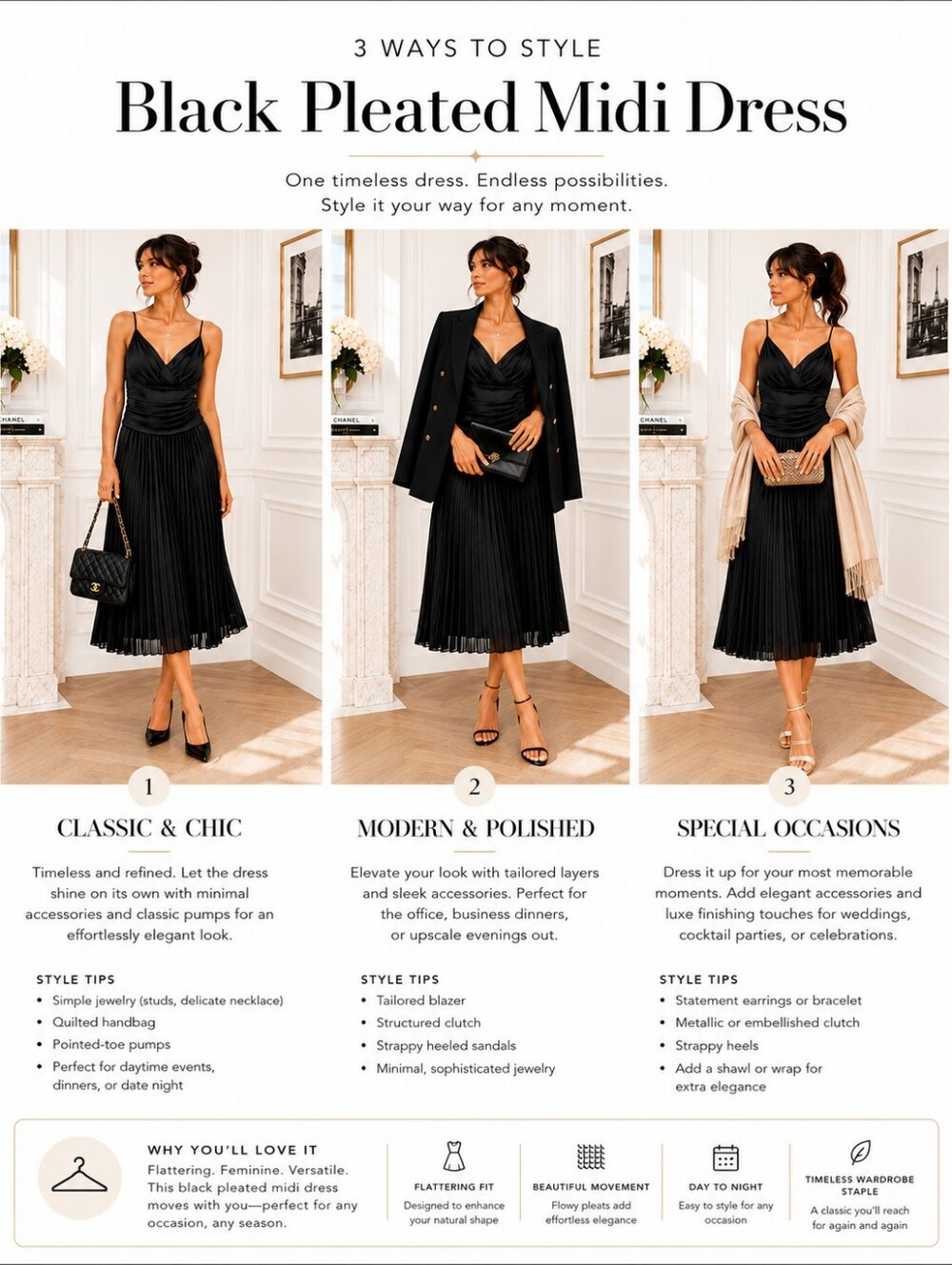 Elegant Black Pleated Midi Dress with Spaghetti Straps - Picture 3 of 8